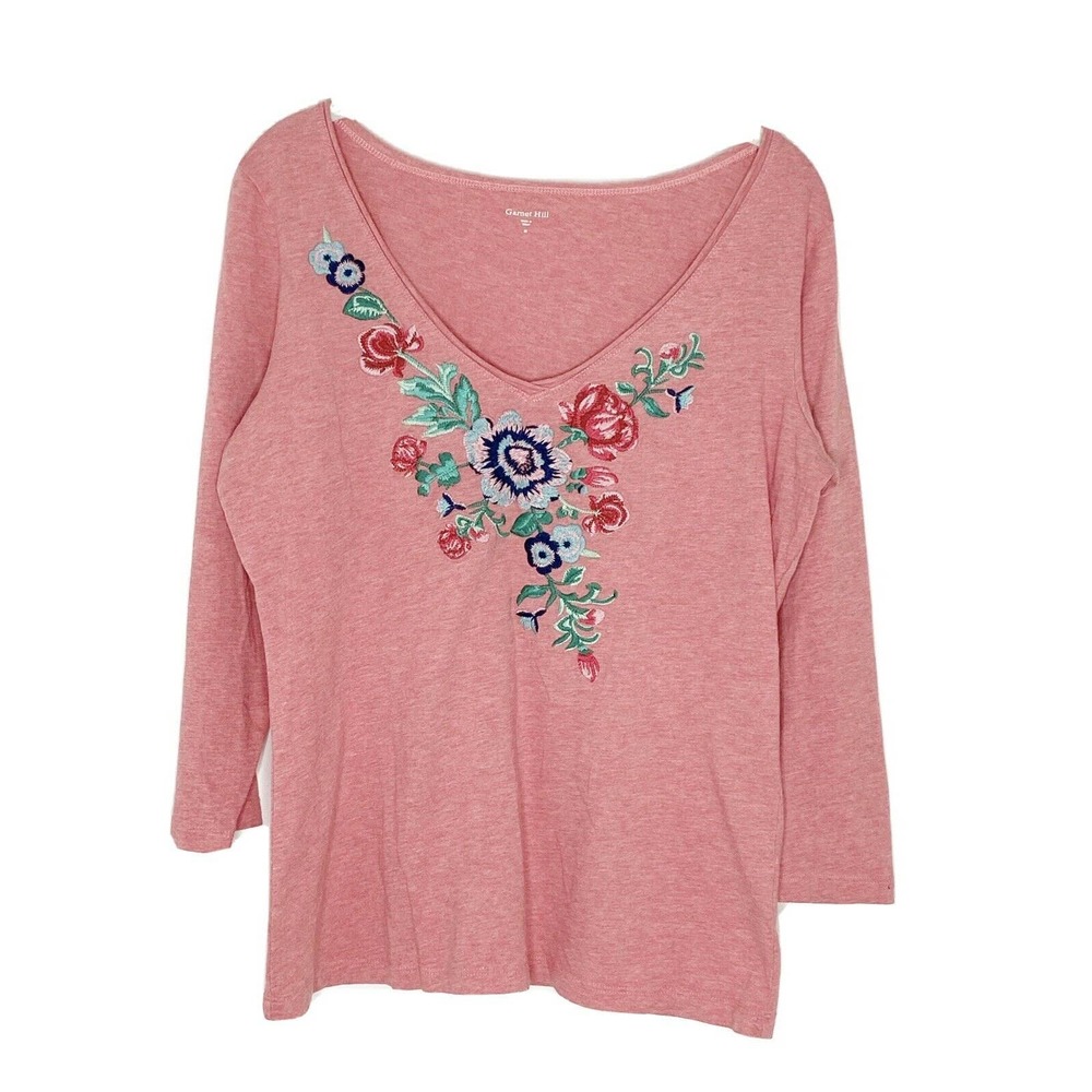 Garnet Hill V Neck Floral Embroidered Modal Blouse